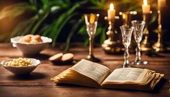 Open Book and Candles on a Wooden Table photo