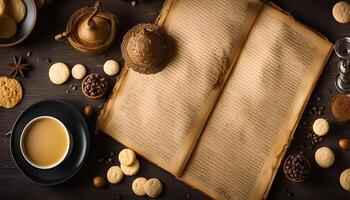 Vintage Still Life Coffee, Cookies, and an Open Book photo