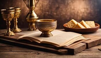 Golden Chalice, Open Book, and Bread on Wooden Table photo