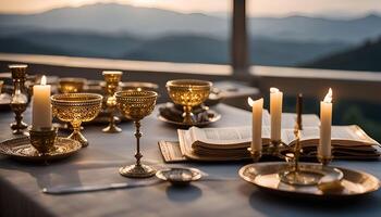 A Table Setting with Candles and an Open Book photo