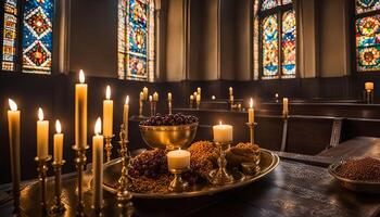 Candlelit Table in a Church with Stained Glass Windows photo