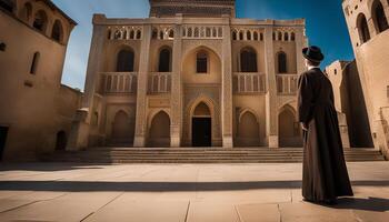 Man in a Black Robe Standing in Front of an Elaborate Building photo