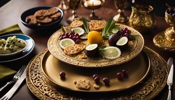 Ornate Table Setting with Fruit and Crackers photo