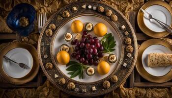 A Luxurious Table Setting with a Plate of Fresh Fruit and Desserts photo