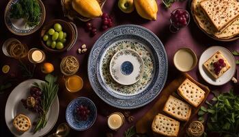 A Still Life of Food and Tableware with a Blue and White Color Palette photo