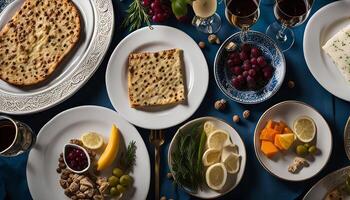 A Festive Table Setting with Appetizers and Wine photo