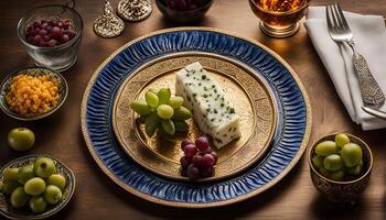 Elegant Table Setting with Cheese and Grapes photo
