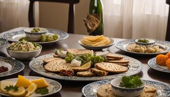 Appetizers on a Table with Blue and White Plates photo
