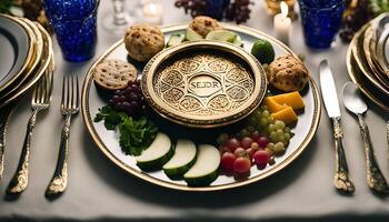 Elegant Table Setting with Golden Plate and Fruit photo