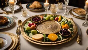 A Luxurious Table Setting with a Golden Tray Featuring a Variety of Fruits and Berries photo