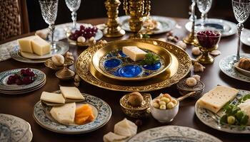 Elegant Table Setting with Blue and Gold Plates photo