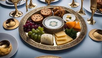 Elegant Gold Tray with Variety of Foods photo