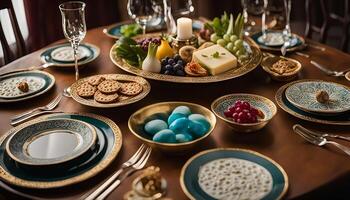 Elegant Table Setting with Green and Gold Plates photo