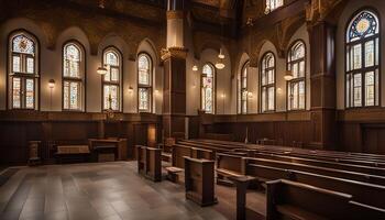 Interior of a church with pews and stained glass windows photo