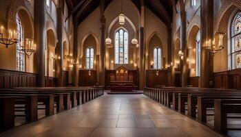 Interior of a Grand Cathedral with Wooden Pews and Stained Glass Windows photo