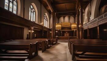 Interior of a Church with Wooden Pews and Stained Glass Windows photo