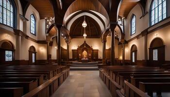 Interior View of a Church with Wooden Pews and Stained Glass Windows photo