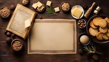 Overhead View of Rustic Table Setting with Snacks and Placemat photo