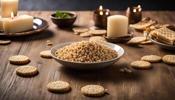 Close-up of a bowl of pearl couscous on a wooden table with crackers and candles photo
