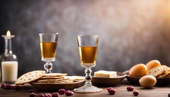 Two glasses of wine with crackers, cheese, and eggs on a wooden table photo