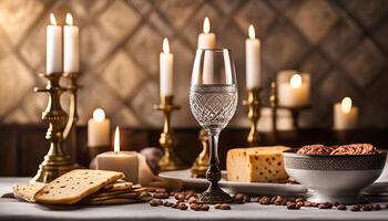 Romantic Dinner Setting with Candles and Glass of Wine photo