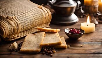 Rustic Tabletop with Ancient Book, Bread, and Berries photo