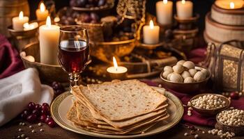 Passover Seder Table Setting with Matzah, Wine, and Candles photo