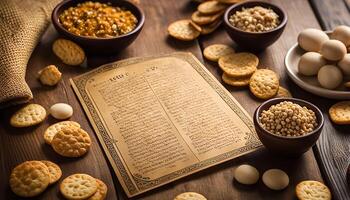 Ancient Text with Snacks and Food photo