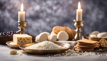 Traditional Festive Table Setting with Candles and Delicacies photo
