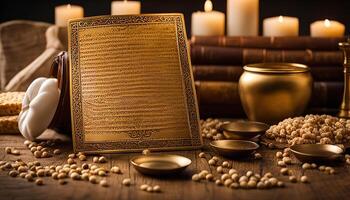 Golden Plate with Script, Candles, and Objects on a Wooden Table photo