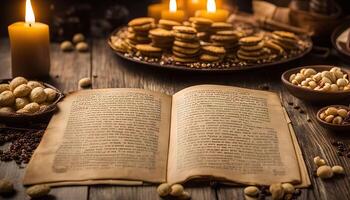 An Open Book with Candles and Snacks photo