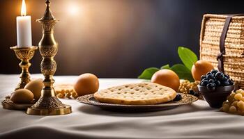 Passover Seder Plate with Matzah, Eggs, and Wine photo