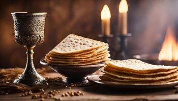 Passover Seder Plate with Matzah and Wine photo