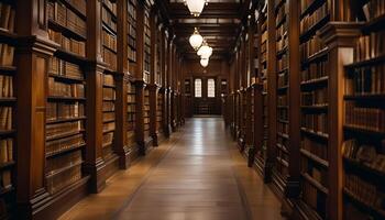A long aisle lined with bookshelves in a library photo