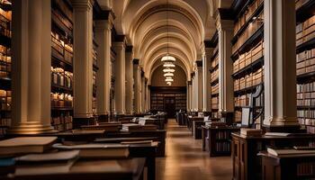 Grand Library Interior with Bookshelves and Columns photo