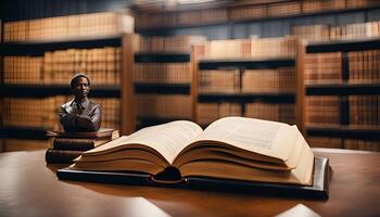 Open Book In Library With Bust Statue photo