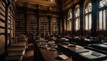 A Serene Library with Bookshelves and Large Windows photo