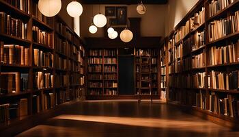 A Serene Library with Bookshelves Filled with Knowledge photo