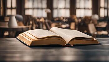 Open Book on a Table in a Library Setting photo