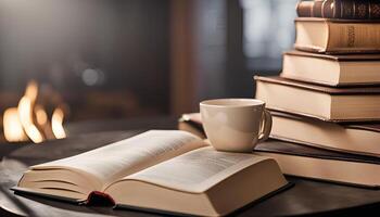 Cozy Reading Nook with Open Book, Coffee Cup, and Stack of Books photo