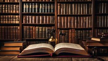 Open Book in a Library with Wooden Bookshelf photo