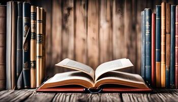Open Book with Stack of Books photo