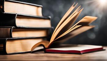 Open Book on Wooden Table with Stack of Books in Background photo