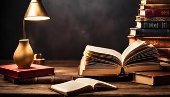 Open Book on a Table with a Lamp photo