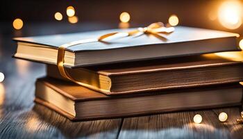 Stack of Books with Golden Ribbon and Lights photo