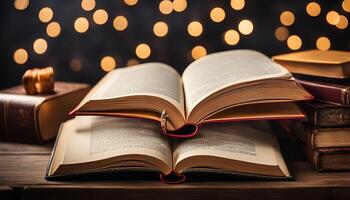 Open Book on a Wooden Table With a Bokeh Background photo