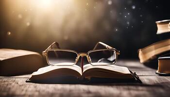 Open Book with Glasses and Stack of Books photo