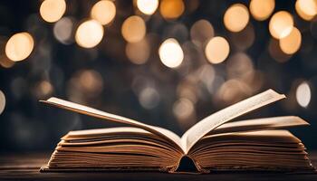 Open Book with Warm Bokeh Lights photo