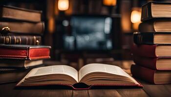 Open Book with Stack of Books in the Background photo