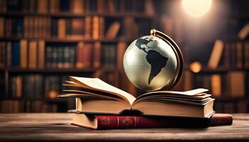 Globe on Book in Library photo